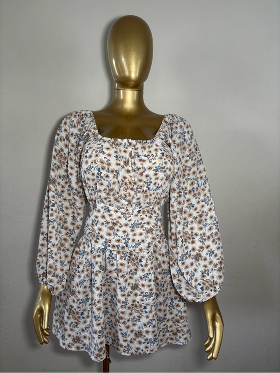 Dresses & Skirts - Floral Square-Neck Long-Sleeve Mini Dress in Cream and Brown